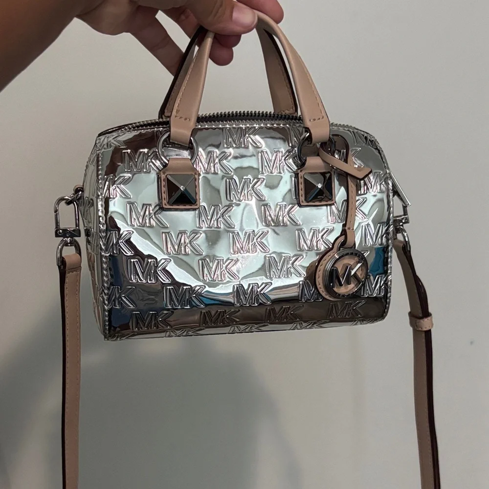 Michael Kors Silver Metallic Mini Satchel with Beige Trim - Picture 2 of 4